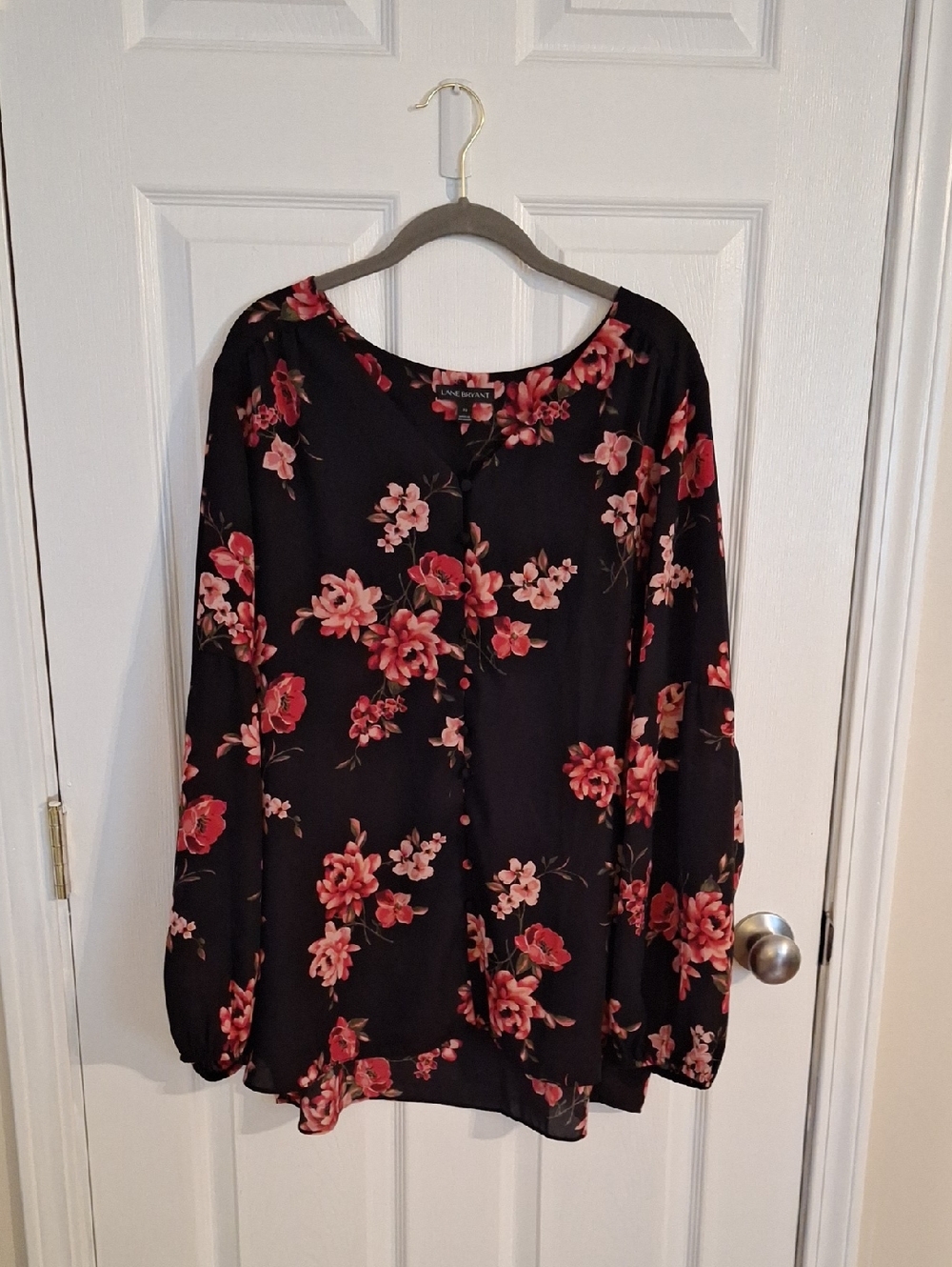 Lane Bryant Black Floral Long-Sleeve Button Front Blouse - Pink Floral
